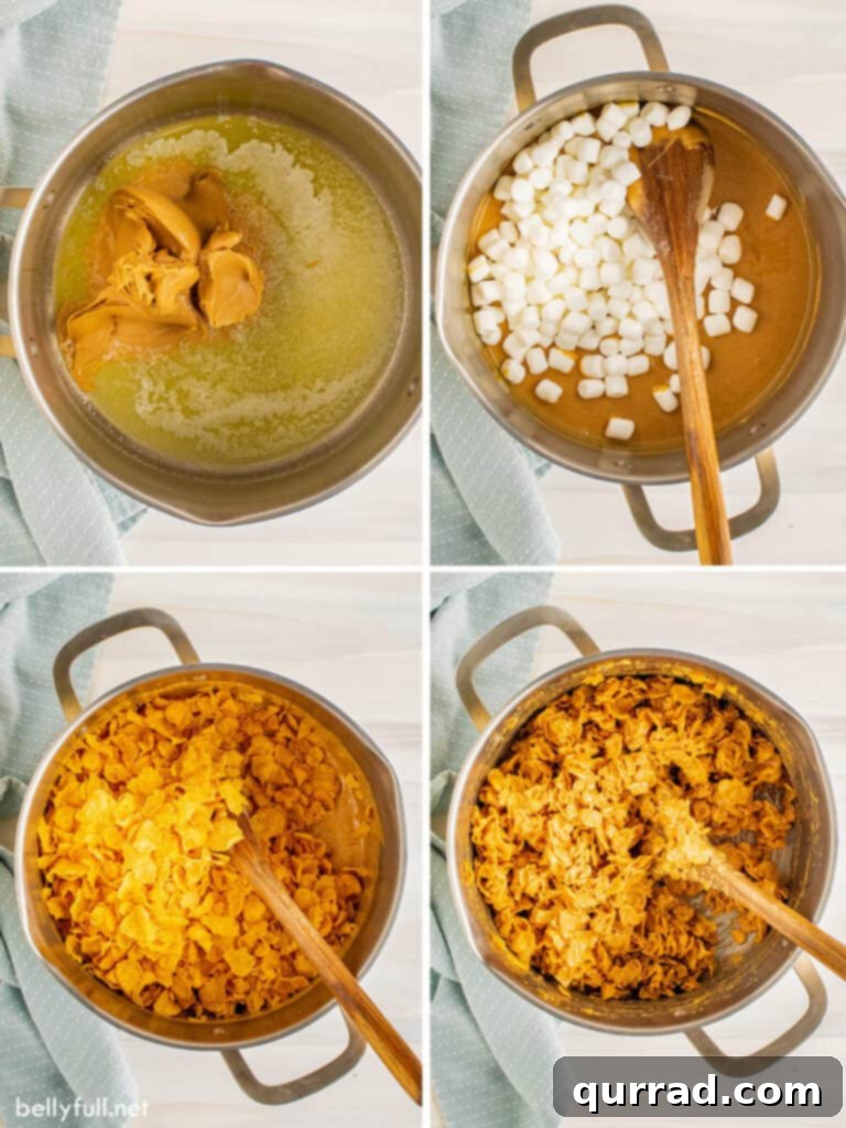 Crispy Cornflake Treats 4 4 picture collage of marshmallow cornflake mixture in pot