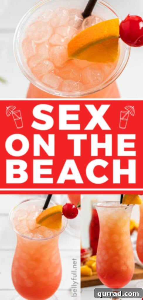 Tropical Sunset Sip 4 Promotional image for Sex on the Beach drink recipe, ideal for Pinterest, featuring the cocktail with fruit garnish.