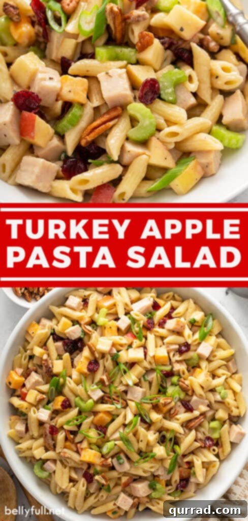 Crisp Apple Turkey Pasta Salad 8 A vibrant pin image for the Turkey Apple Pasta Salad recipe, showcasing the delicious blend of ingredients, perfect for sharing on social media.