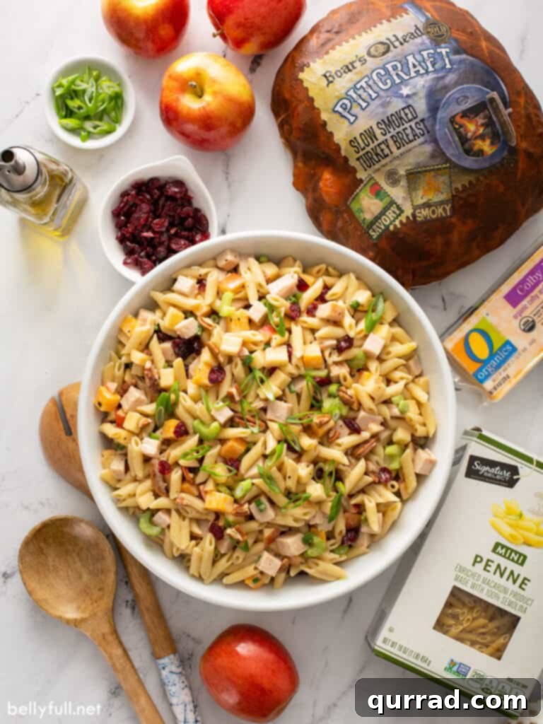 Crisp Apple Turkey Pasta Salad 5 Overhead shot of a Turkey Apple Pasta Salad with its fresh ingredients artfully arranged around the bowl, including whole Jazz apples, a block of Colby Jack cheese, celery stalks, and dried cranberries.