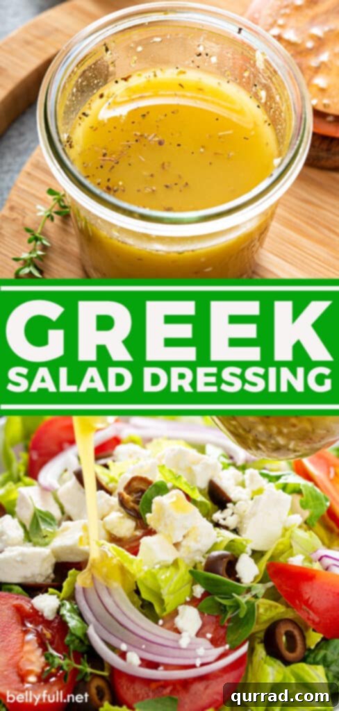Pinterest pin graphic for Homemade Greek Salad Dressing Recipe, featuring a delicious visual.