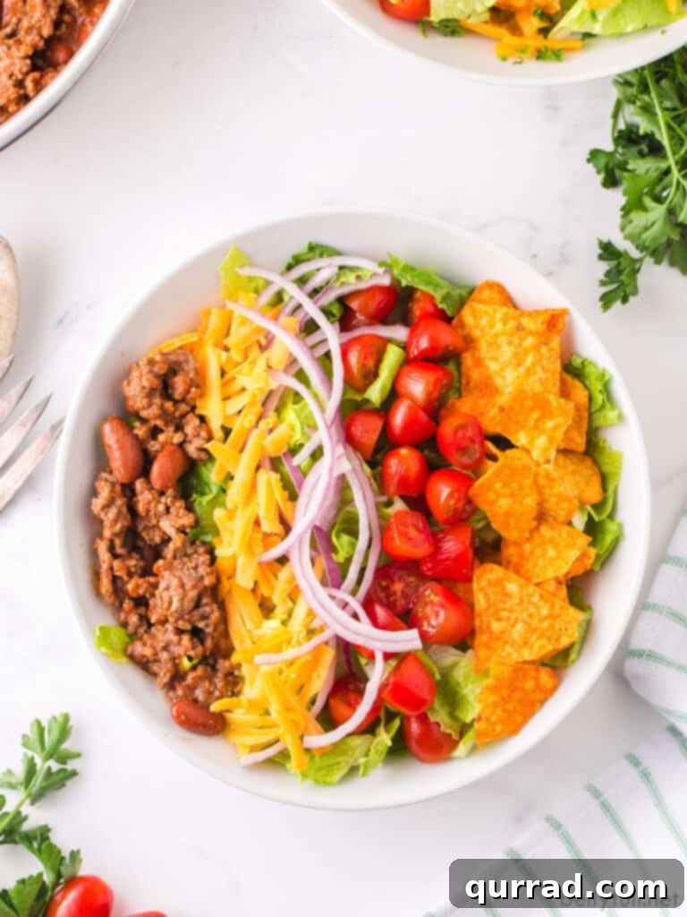 overhead taco salad in white bowl