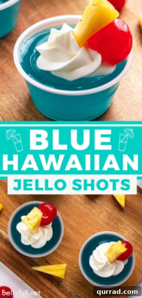 Electric Blue Hawaiian Shots 7 Promotional image for Blue Hawaiian Jello Shots recipe, ideal for Pinterest sharing.