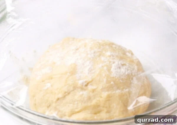 Pillowy Indian Flatbread 6 Risen dough in a glass bowl, covered with plastic wrap, having doubled in volume