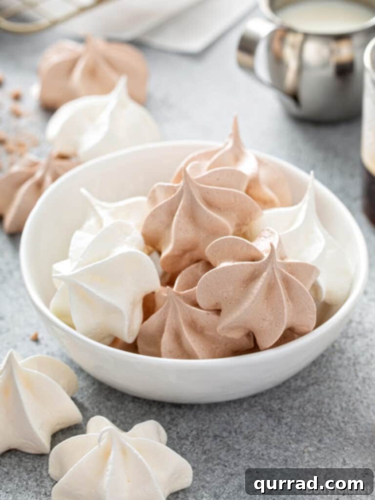 Melt-Away Meringues 3 A bowl filled with a mix of white and chocolate swirl meringue cookies, showcasing their inviting appearance and variety.