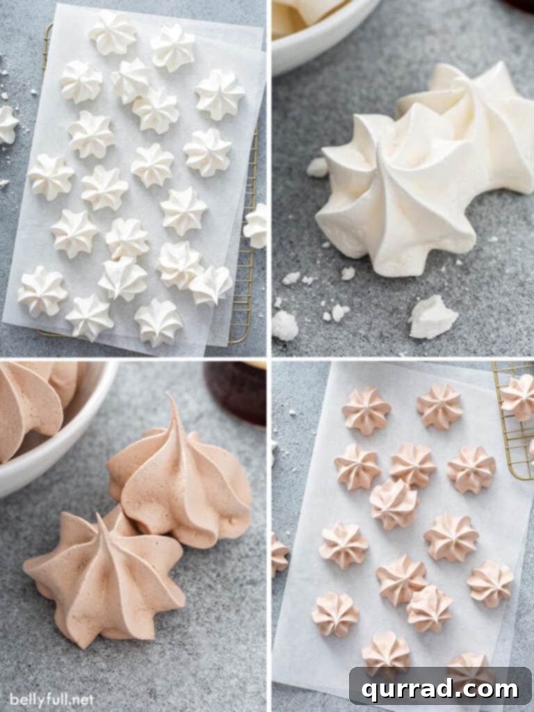 Melt-Away Meringues 4 A four-picture collage showing the process of piping vanilla and chocolate swirl meringue cookies onto parchment paper.