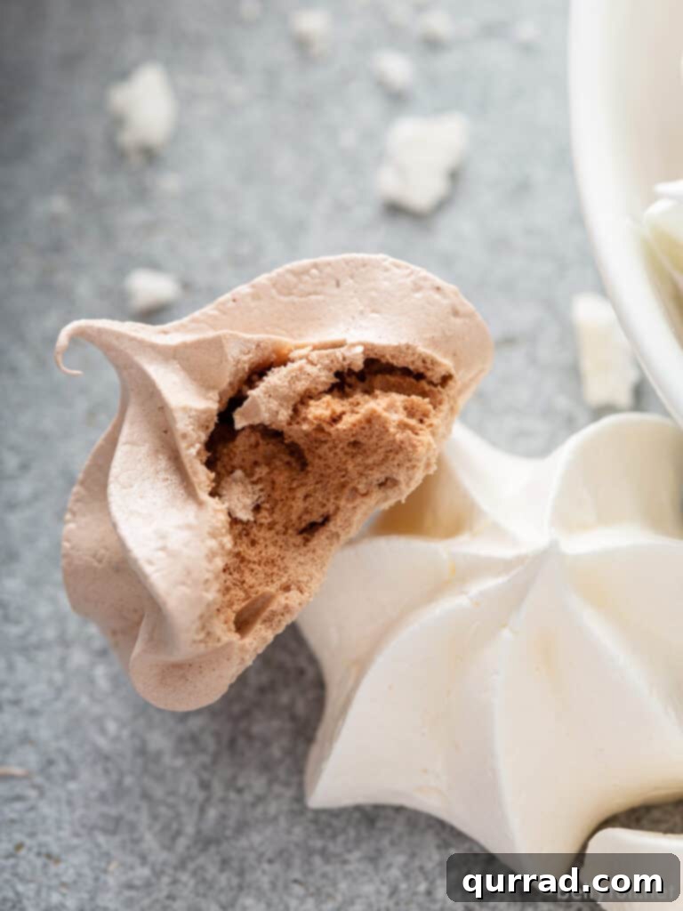 Melt-Away Meringues 5 Close-up of a chocolate meringue cookie with a bite taken out, showing its crisp exterior and airy interior.