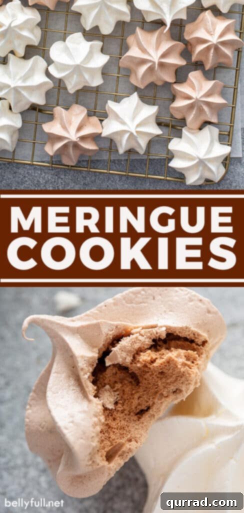 Melt-Away Meringues 6 A visually appealing pin graphic for the Meringue Cookies recipe, featuring a stack of the light and crisp cookies.