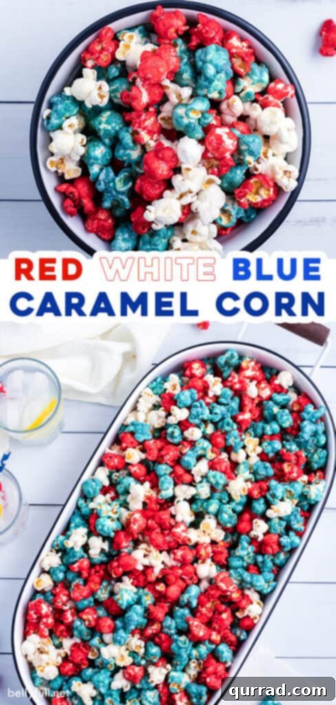 All American Caramel Corn 5 Pin graphic for red, white, and blue caramel corn recipe, showing a close-up of the patriotic treat.