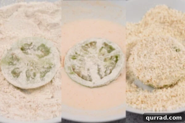 sliced green tomatoes coated in flour, breadcrumbs, and milk
