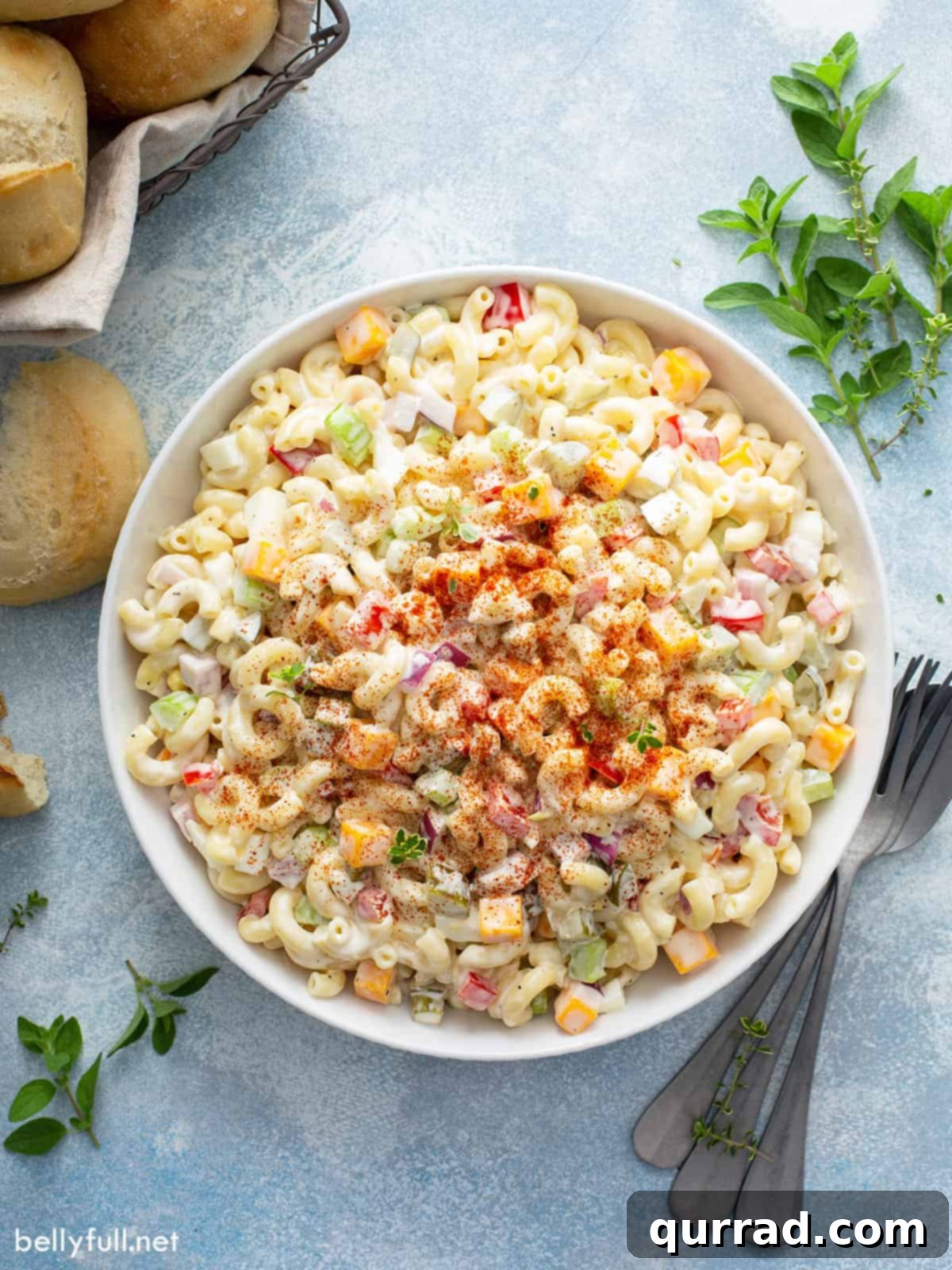 Perfect Picnic Macaroni Salad 4 A large serving bowl filled with old fashioned macaroni salad, ready for a potluck