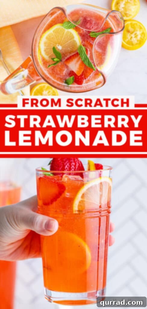 Vibrant Strawberry Lemonade 8 A Pinterest pin graphic featuring a tall glass of homemade strawberry lemonade, with sliced lemons and fresh strawberries, inviting users to save the refreshing recipe.
