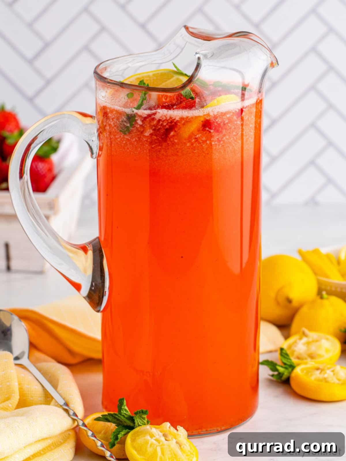 Vibrant Strawberry Lemonade 3 A tall, condensation-beaded pitcher of homemade strawberry lemonade, garnished with fresh lemon wedges, sits on a rustic surface, promising a refreshing escape.