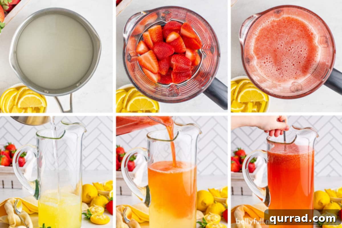 Vibrant Strawberry Lemonade 4 A sequence of three process shots illustrating the steps to make strawberry lemonade: first, sugar dissolving in water; second, blending fresh strawberries; third, a pitcher filled with freshly squeezed lemons ready for mixing.