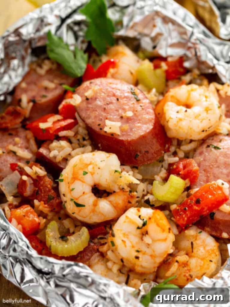 close up cooked Jambalaya in foil