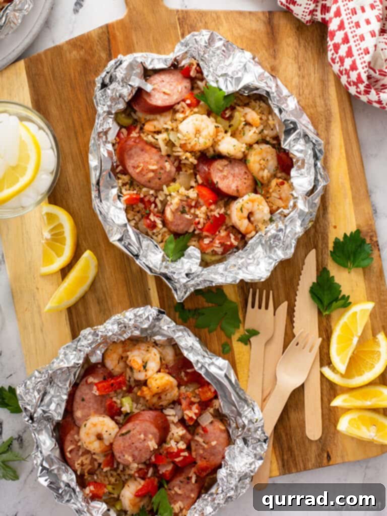 Jambalaya Foil Packet Dinner on cutting board