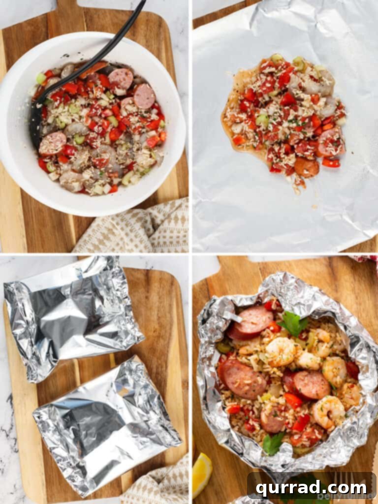 4 picture collage how to make Jambalaya Foil Packets