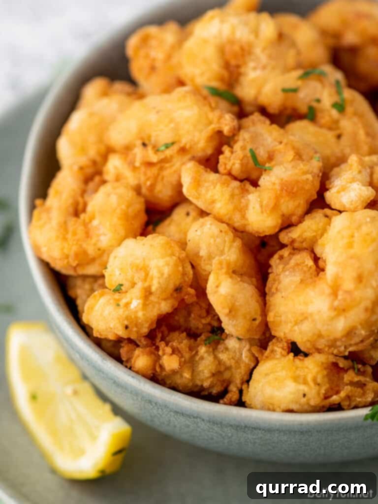 Crunchy Shrimp Poppers 2 Close-up of a bowl of golden, crispy breaded fried shrimp with a lemon wedge, ready to be enjoyed as a perfect bite.