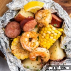 overhead close up view of shrimp boil foil packet