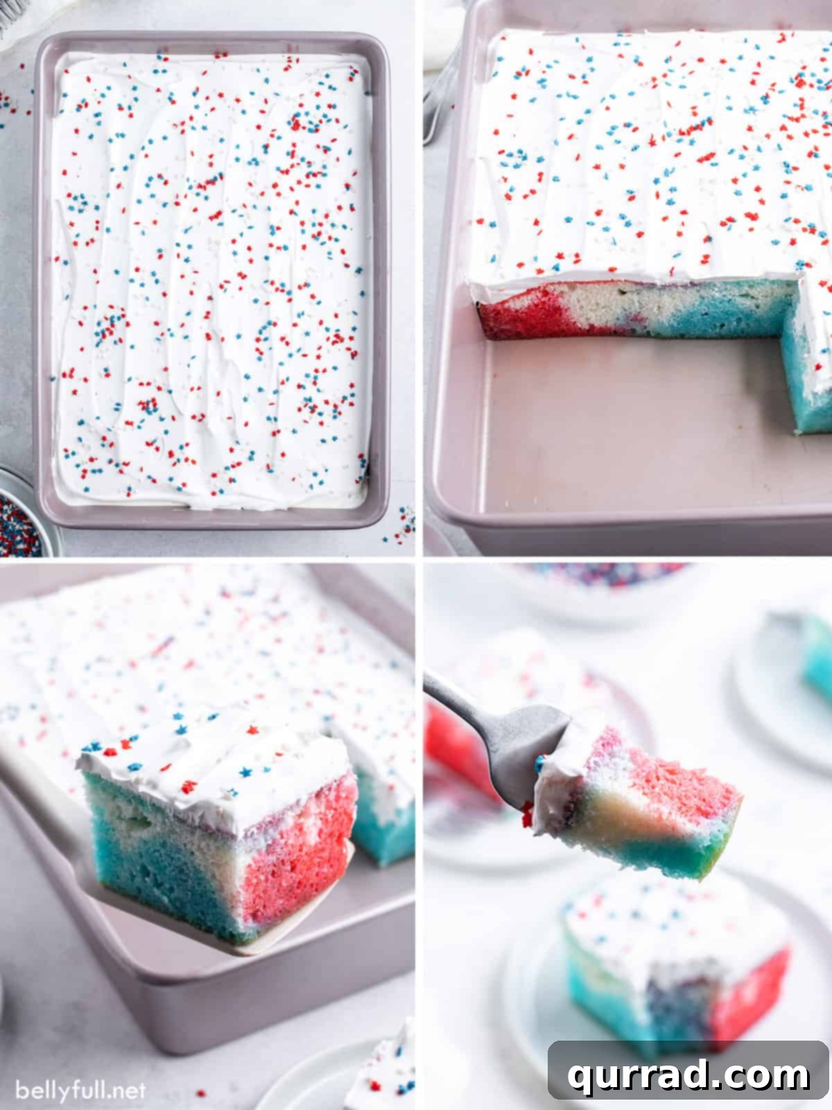 Festive Flag Poke Cake 4 A sequence of four process shots depicting the creation of a Red, White, and Blue Poke Cake, including baking the cake, poking holes, pouring Jell-O, and topping with whipped cream and sprinkles, ideal for 4th of July celebrations.