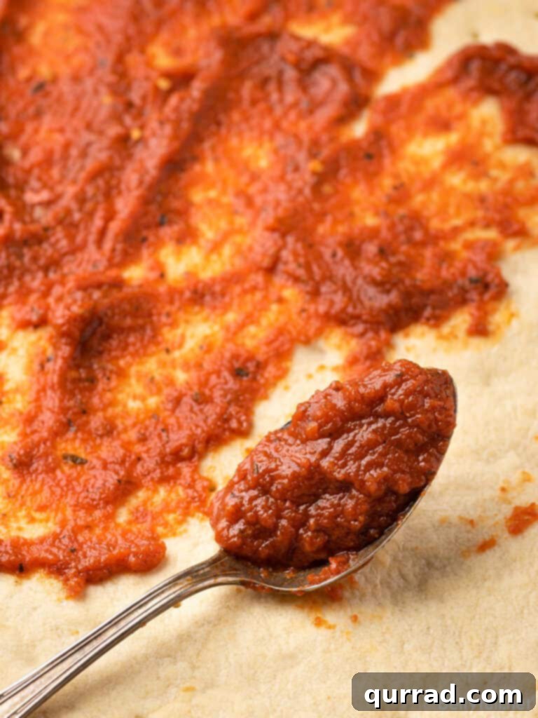 Close-up image of a spoonful of rich, red pizza sauce, showing its thick texture.