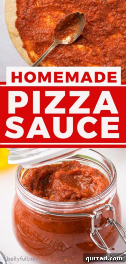 Pin for homemade pizza sauce recipe on a rustic wooden background.