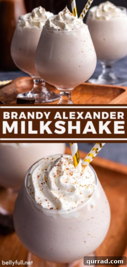 Pinterest-friendly image for Brandy Alexander Milkshake recipe, showing the decadent drink topped with whipped cream and nutmeg.