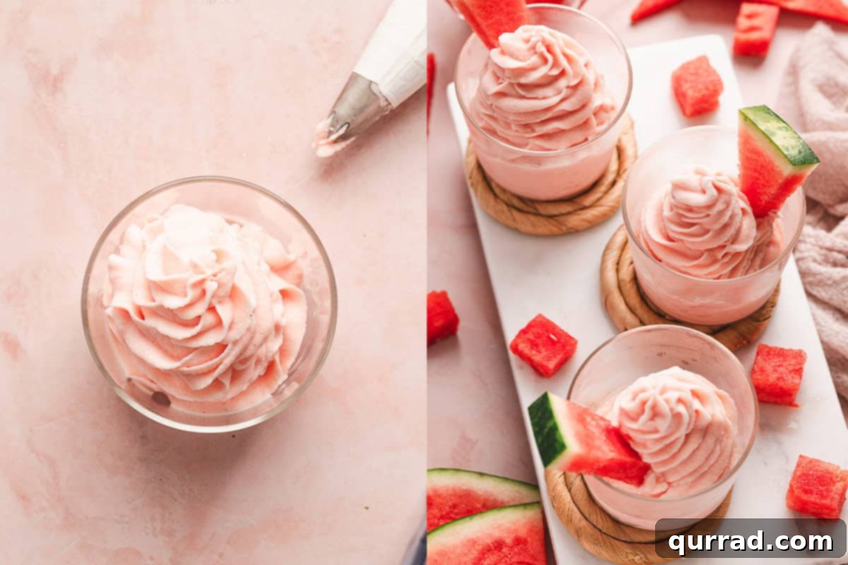 Hands piping vibrant pink watermelon dole whip into clear dessert cups using a star tip.