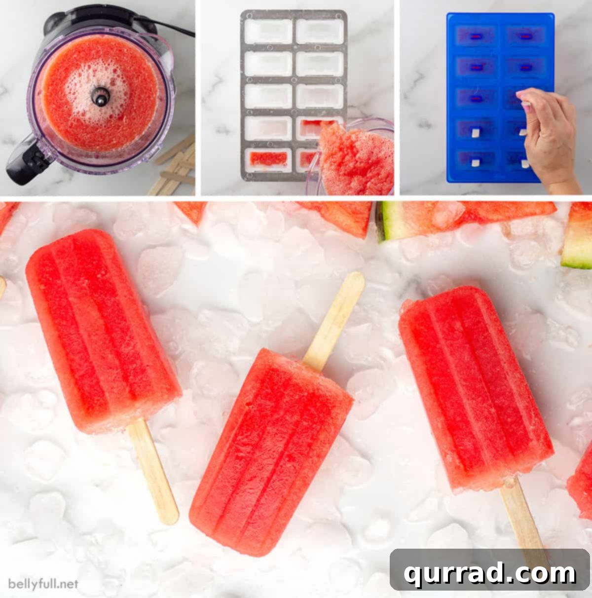 Refreshing Watermelon Ice Pops 3 The simple process of making homemade watermelon popsicles, showing watermelon chunks blending with liquid, mixture being poured into molds, and popsicle sticks being inserted.