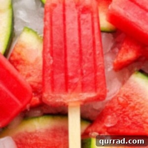 A homemade watermelon popsicle on top of frozen watermelon slices