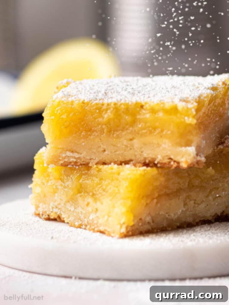 Zesty Lemon Bars 4 two lemon bars stacked with powdered sugar