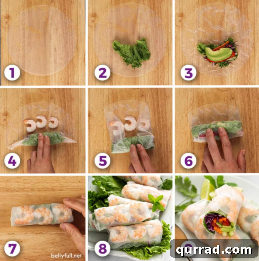 Step-by-step photos illustrating how to properly build and roll summer rolls