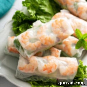 close up fresh shrimp spring rolls on lettuce lined white plate