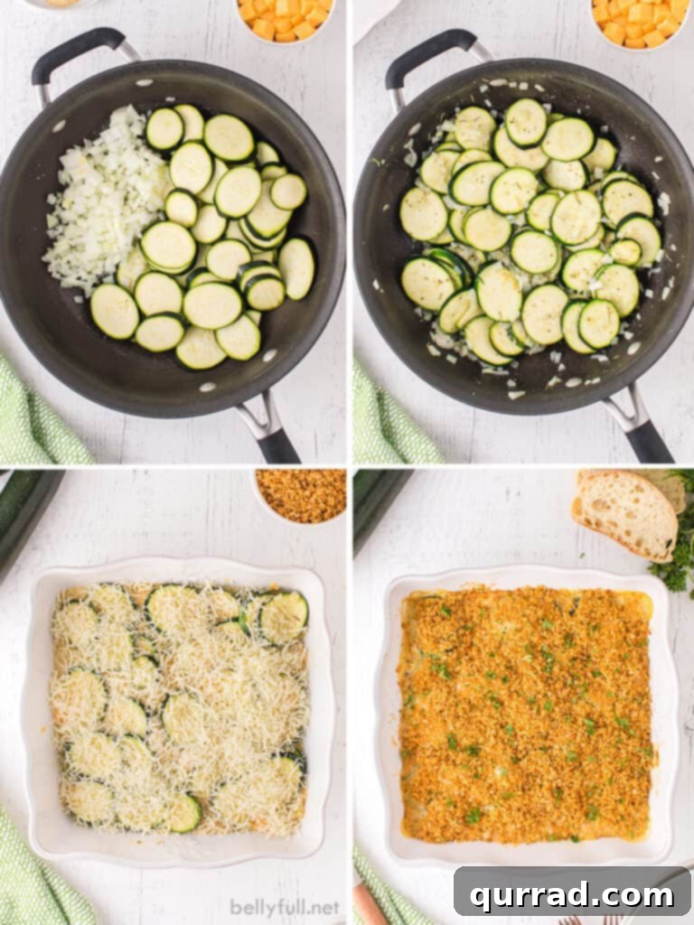 Perfect Cheesy Zucchini Bake 4 Four images showing the process of making zucchini casserole - sauteeing the zucchini, baking and topping with panko breadcrumbs
