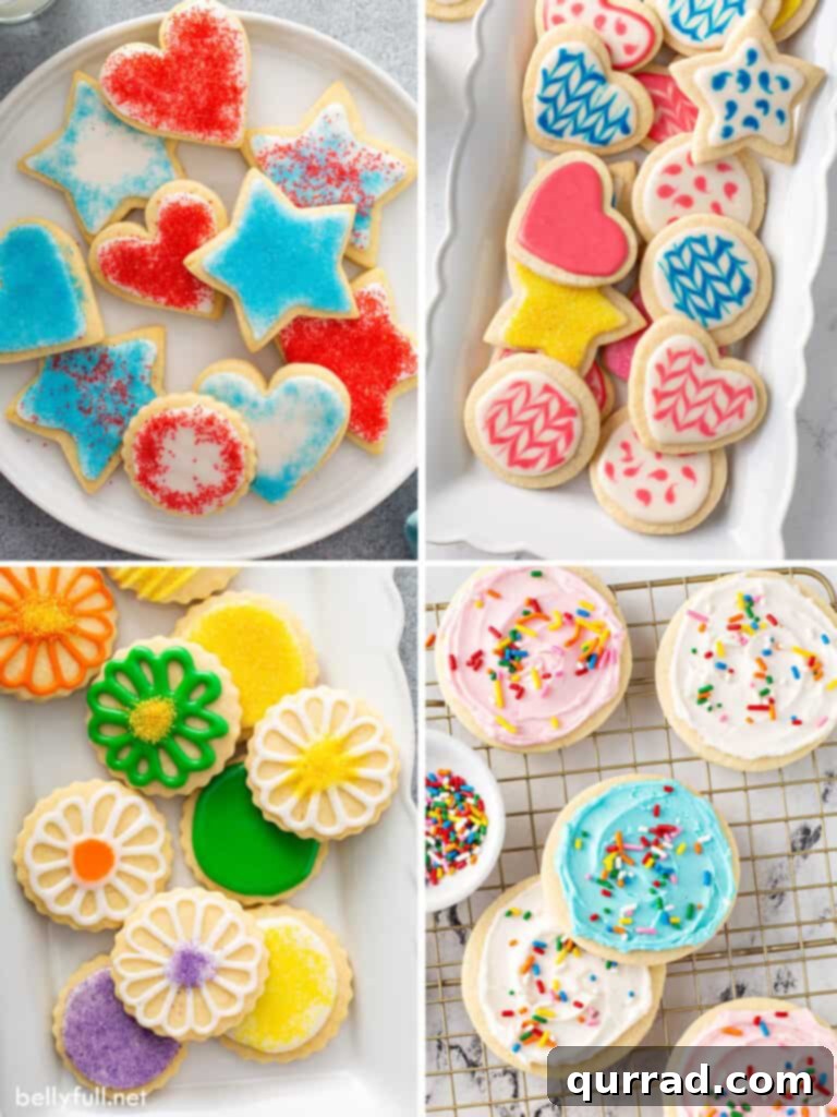 A four-picture collage showcasing various decorated sugar cookies with different icing styles
