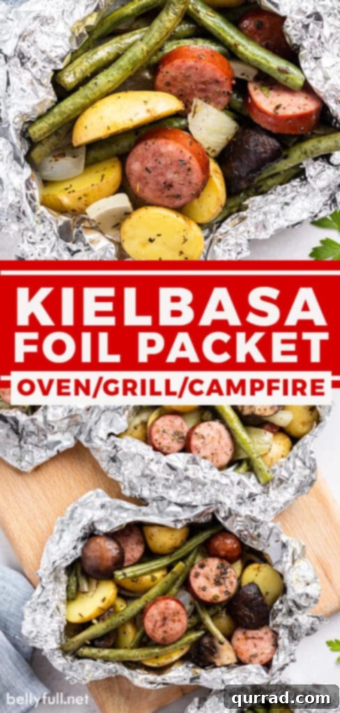 Savory Kielbasa & Veggie Bundles 6 Pinterest graphic featuring a mouth-watering image of Kielbasa and Vegetable Foil Packets with descriptive text about the easy, all-in-one meal perfect for grilling, oven, or camping.