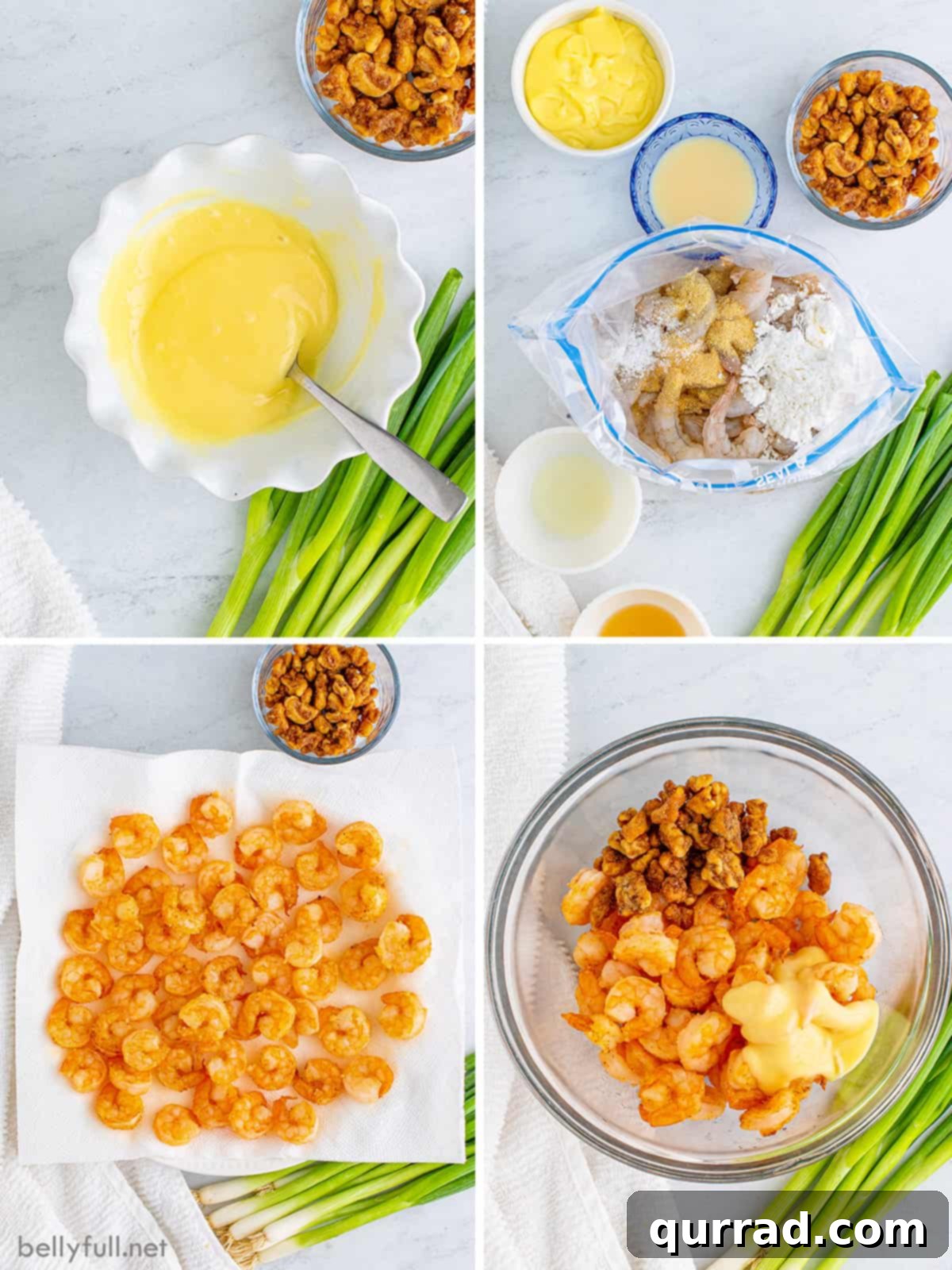 Crispy Honey Walnut Shrimp 4 A four-panel image showing the preparation steps: honey walnut sauce, seasoning shrimp, draining fried shrimp, and mixing ingredients.