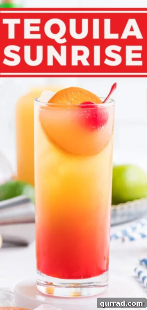 Dawn's Golden Kiss 6 Tequila Sunrise drink recipe pin for Pinterest