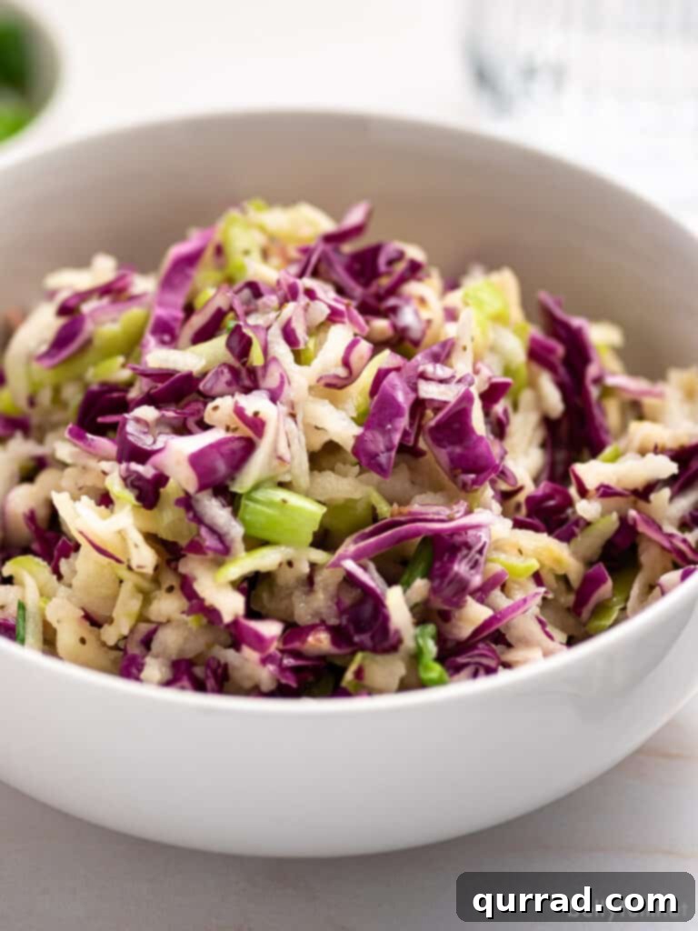 Crimson Cabbage Crunch 2 A beautifully presented white bowl of red cabbage slaw, highlighting its vibrant color and fresh ingredients.