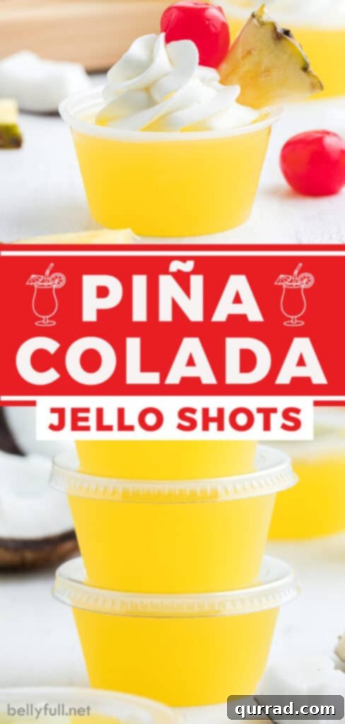 Pineapple Coconut Rum Jellies 6 Promotional image for pinning Pina Colada Jello Shots recipe on Pinterest, showcasing the garnished shots.