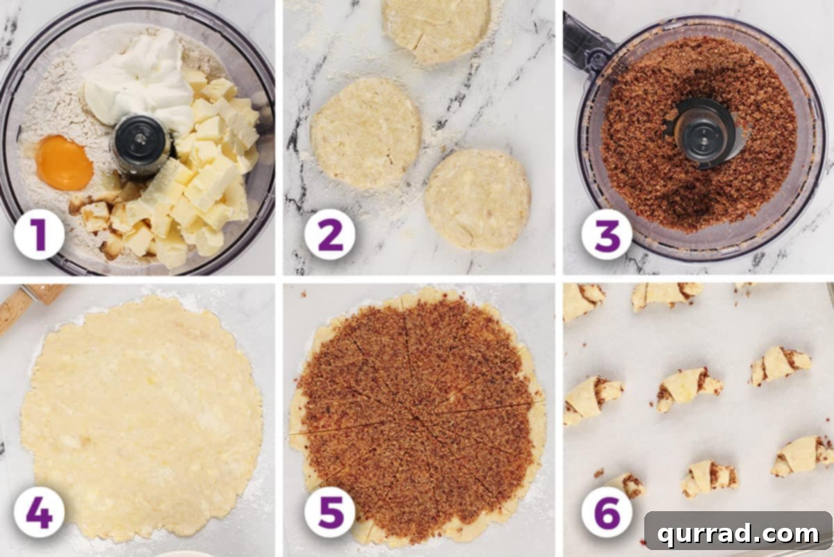 A visual guide showing 6 distinct steps in the process of making Rugelach, from dough preparation to the final shaping.