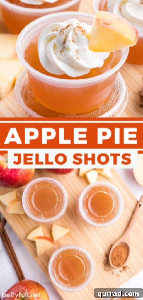 Boozy Apple Pie Jellies 6 Pin graphic for Apple Pie Jello Shots recipe, showing multiple shots with whipped cream and cinnamon