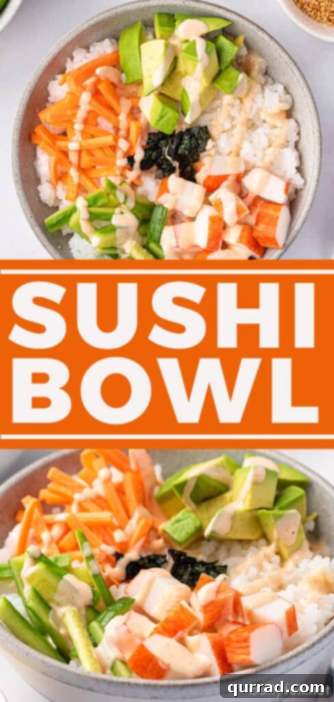 Deconstructed California Roll Bowls 6 Pinterest pin showing two photos of the California Roll Sushi Bowl, designed for social sharing