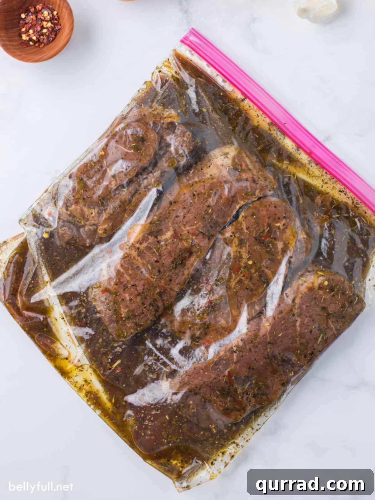 The best steak marinade in a ziploc bag with steak, ready for marination