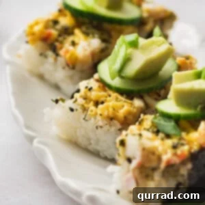 Baked Sushi Bliss 3 3 portions of sushi bake garnished with cucumber and avocado