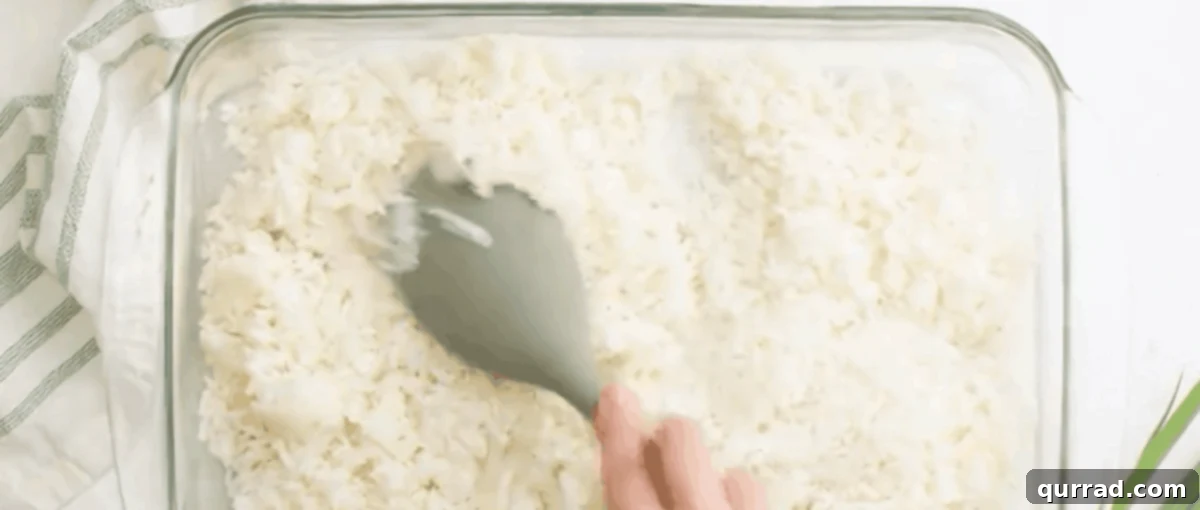 Baked Sushi Bliss 5 Patting down the cooked rice in a glass baking dish.