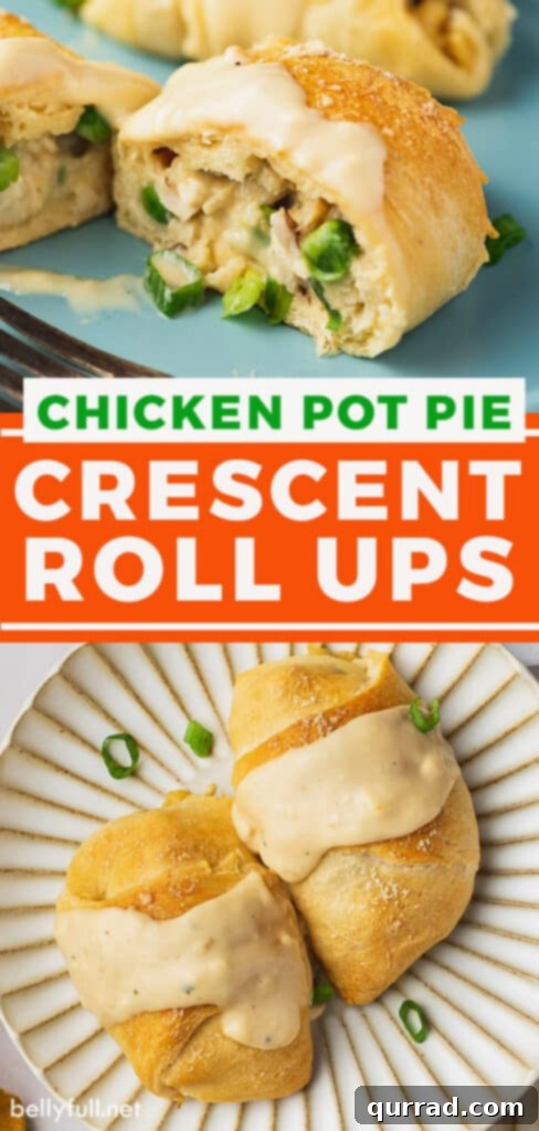 A vertical image perfect for Pinterest, showing a beautifully plated chicken crescent roll up with gravy, enticing viewers to save the recipe.