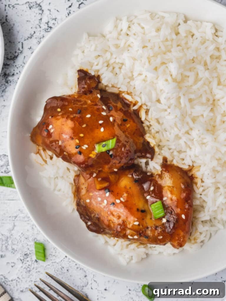 Sweet and Sticky Honey Garlic Chicken 5 2 glazed chicken thighs over cooked white rice