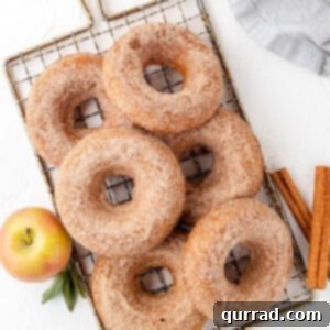 Baked apple cider donuts dipped in cinnamon sugar on a wire rack