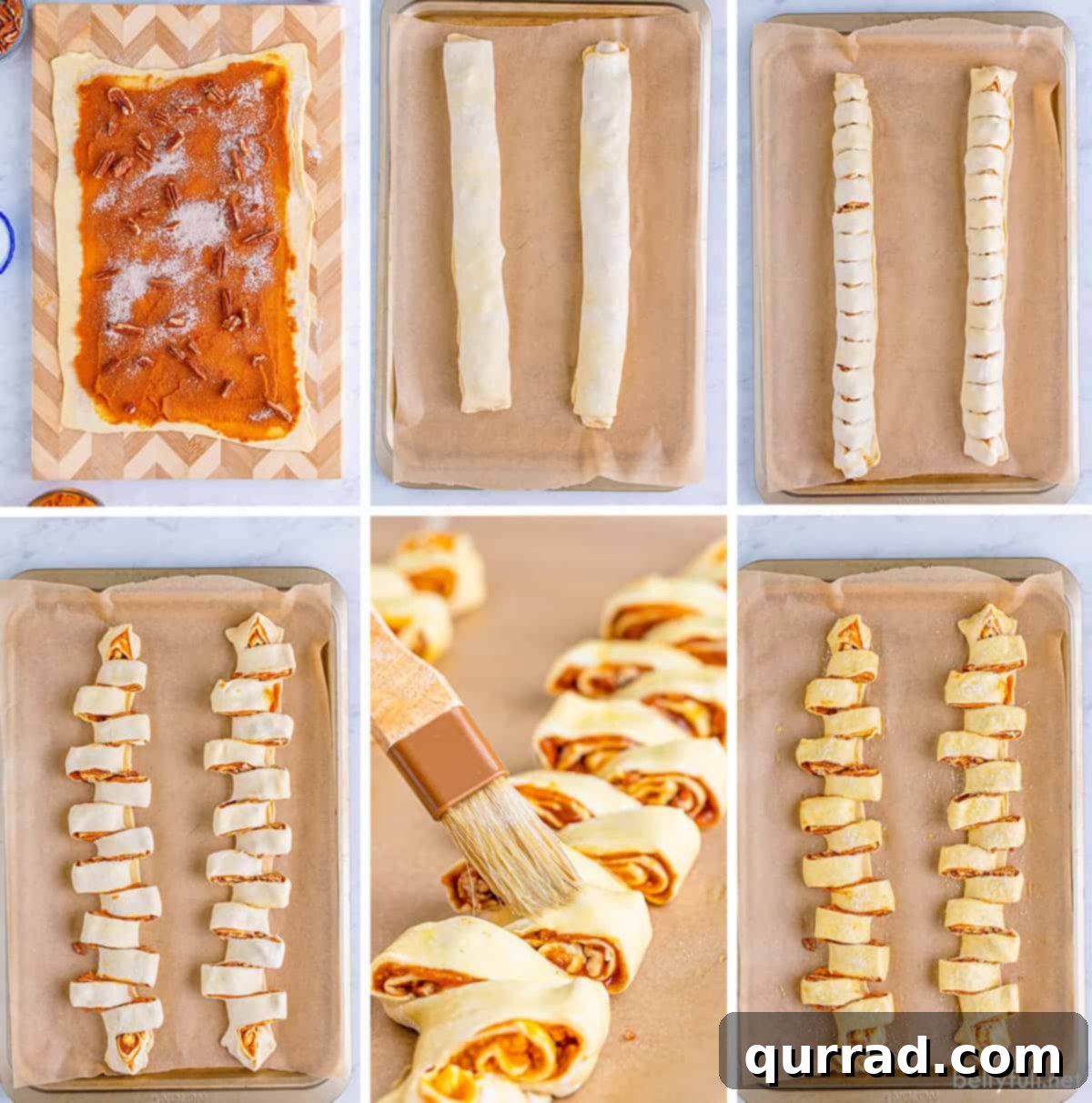 Cozy Pumpkin Pull-Apart Buns 4 A visual collage showing 6 step-by-step process photos for making pumpkin pull-apart bread, from rolling the dough and spreading the filling to slicing and fanning the pastry logs before baking.